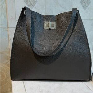 Gray Pebbled Italian Leather Large Tote Bag with Crossbody Straps